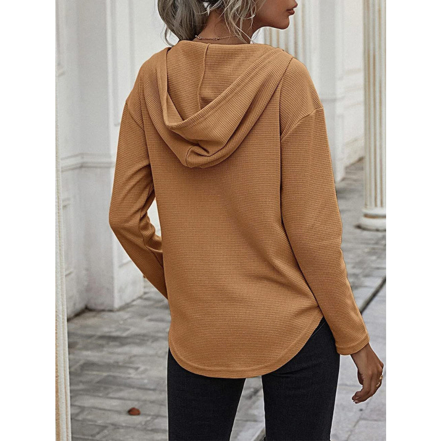 Drawstring Waffle Knit Long Sleeve Hooded Top Apparel and Accessories