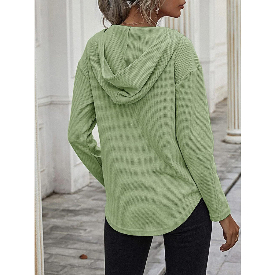 Drawstring Waffle Knit Long Sleeve Hooded Top Apparel and Accessories