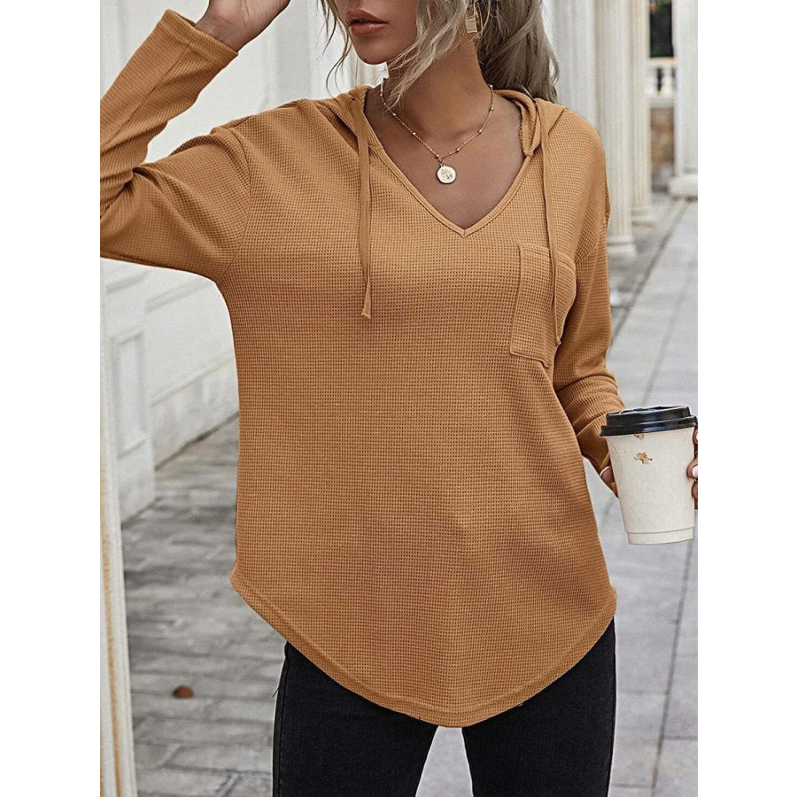 Drawstring Waffle Knit Long Sleeve Hooded Top Apparel and Accessories