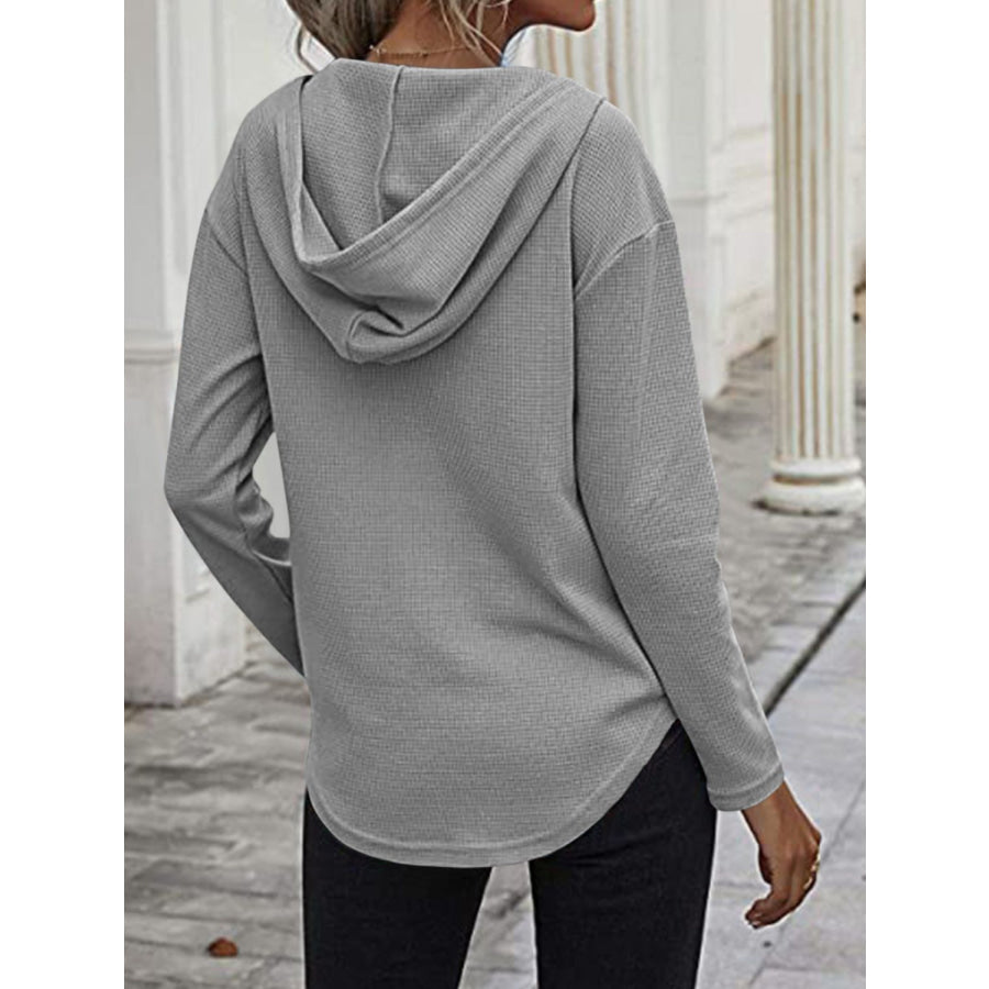Drawstring Waffle Knit Long Sleeve Hooded Top Apparel and Accessories