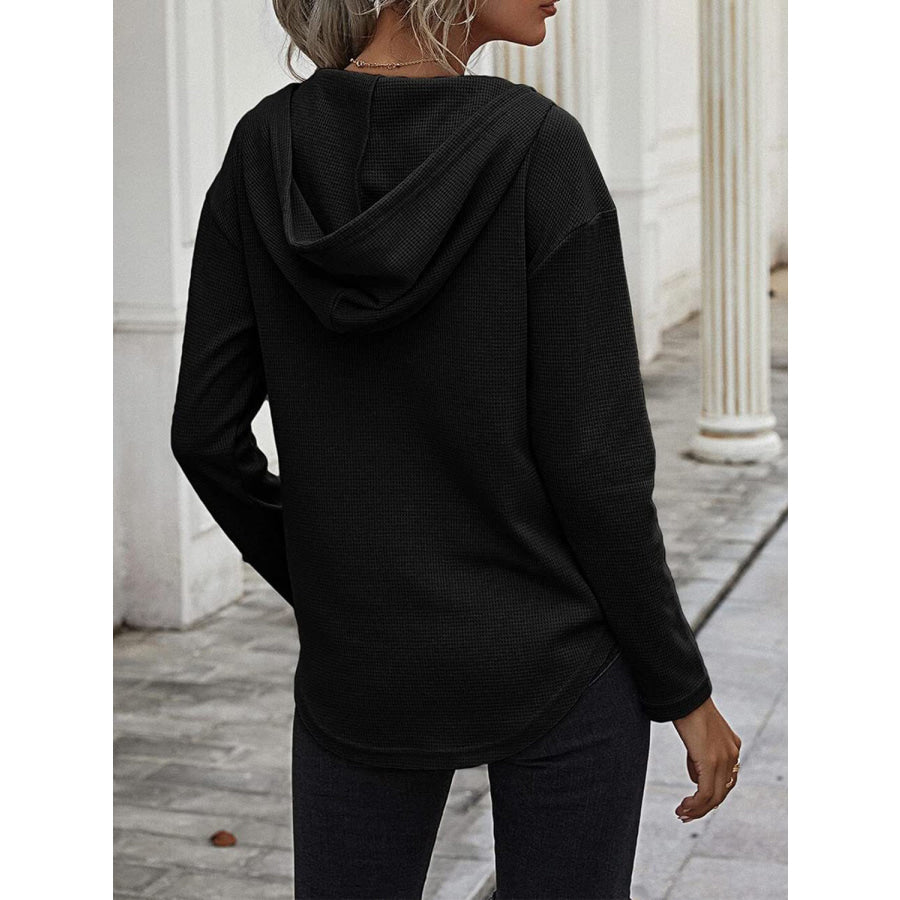 Drawstring Waffle Knit Long Sleeve Hooded Top Apparel and Accessories