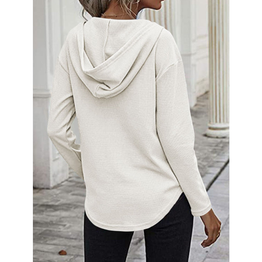 Drawstring Waffle Knit Long Sleeve Hooded Top Apparel and Accessories