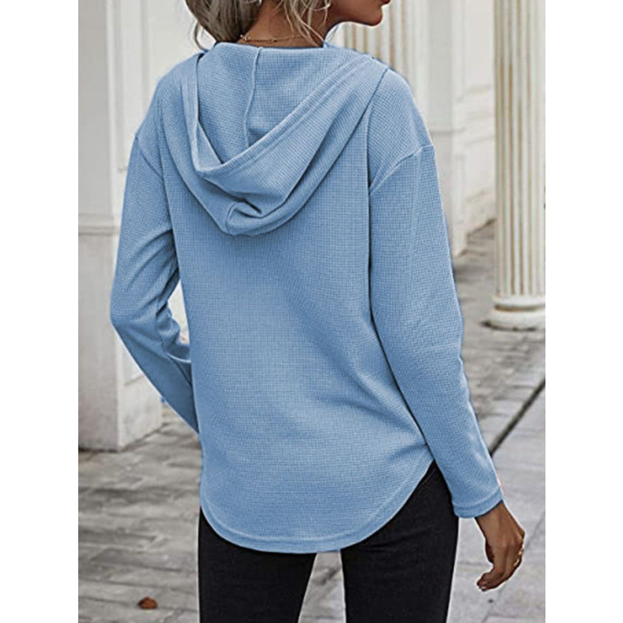Drawstring Waffle Knit Long Sleeve Hooded Top Apparel and Accessories