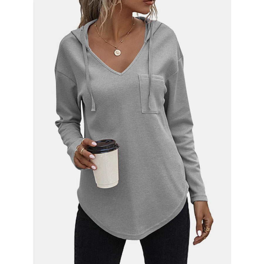 Drawstring Waffle Knit Long Sleeve Hooded Top Apparel and Accessories