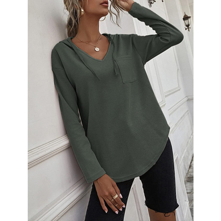 Drawstring Waffle Knit Long Sleeve Hooded Top Army Green / S Apparel and Accessories