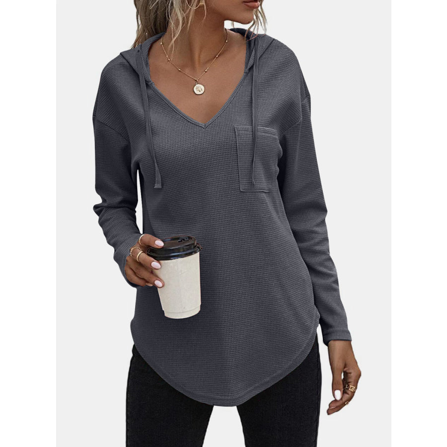 Drawstring Waffle Knit Long Sleeve Hooded Top Dark Gray / S Apparel and Accessories