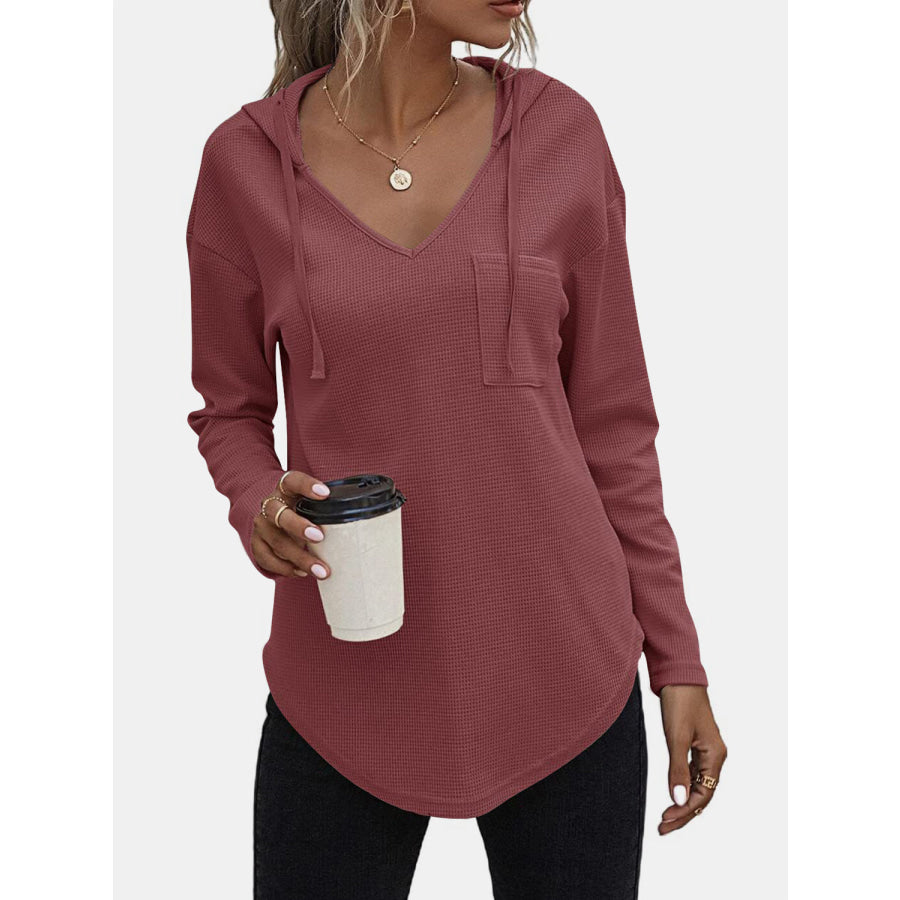 Drawstring Waffle Knit Long Sleeve Hooded Top Dark Rose / S Apparel and Accessories