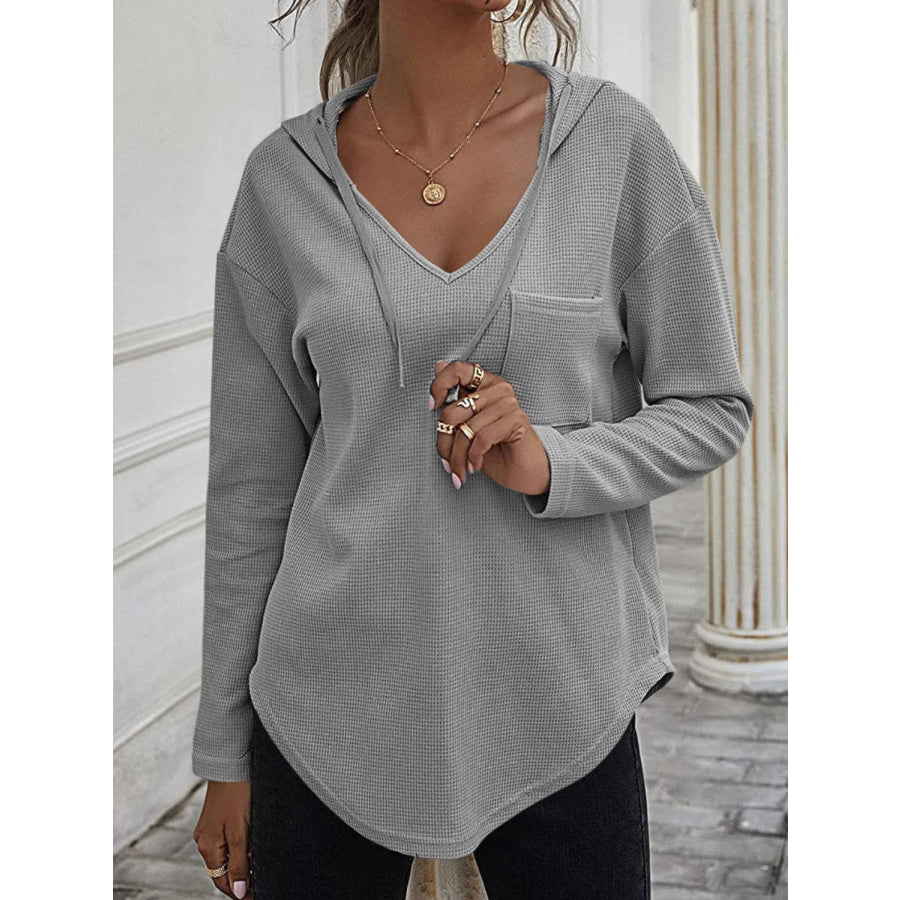 Drawstring Waffle Knit Long Sleeve Hooded Top Gray / S Apparel and Accessories