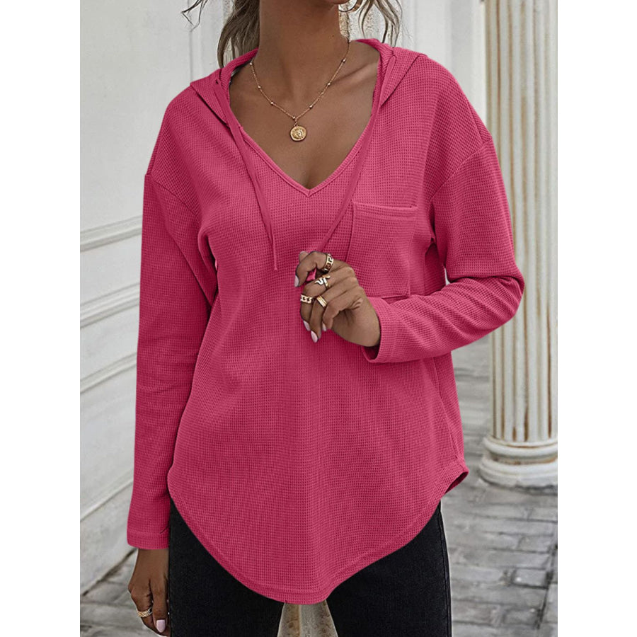 Drawstring Waffle Knit Long Sleeve Hooded Top Hot Pink / S Apparel and Accessories