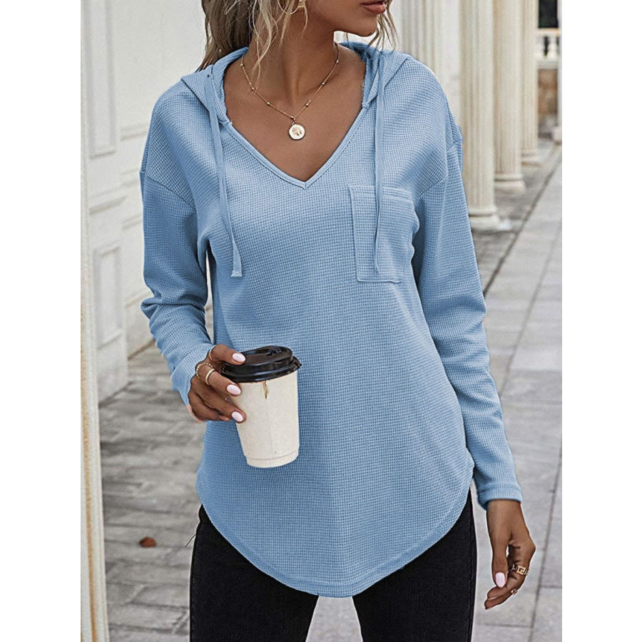 Drawstring Waffle Knit Long Sleeve Hooded Top Light Blue / S Apparel and Accessories