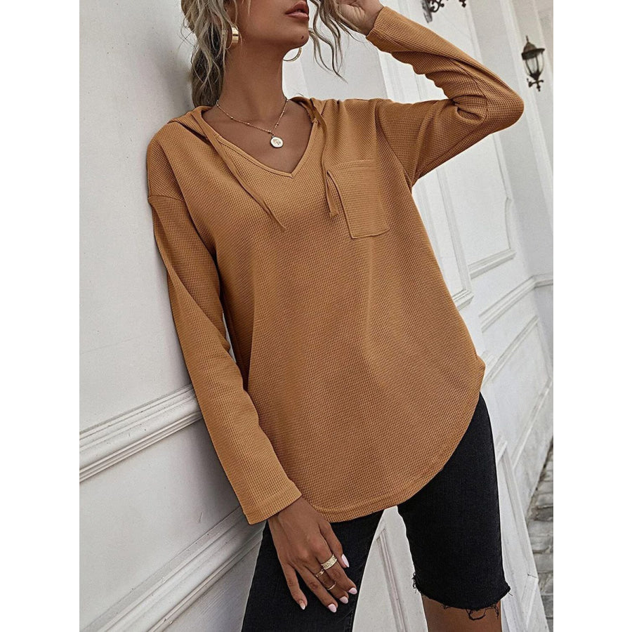 Drawstring Waffle Knit Long Sleeve Hooded Top Mustard / S Apparel and Accessories