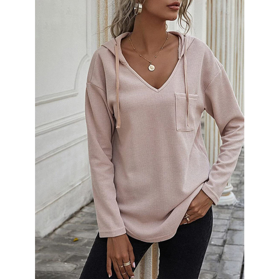 Drawstring Waffle Knit Long Sleeve Hooded Top Pale Blush / S Apparel and Accessories