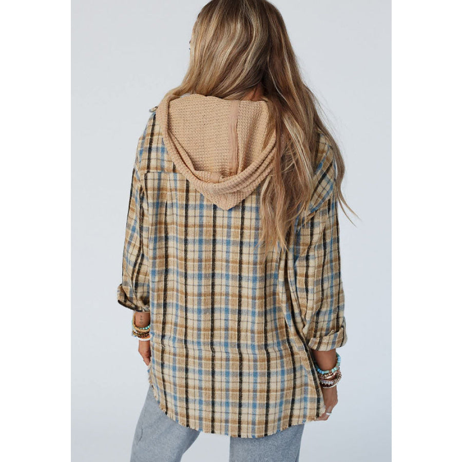 Drawstring Waffle Knit Patchwork Hooded Plaid Shacket Apparel and Accessories