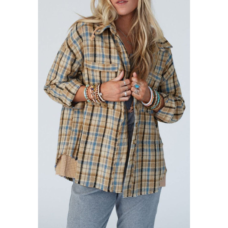 Drawstring Waffle Knit Patchwork Hooded Plaid Shacket Apparel and Accessories