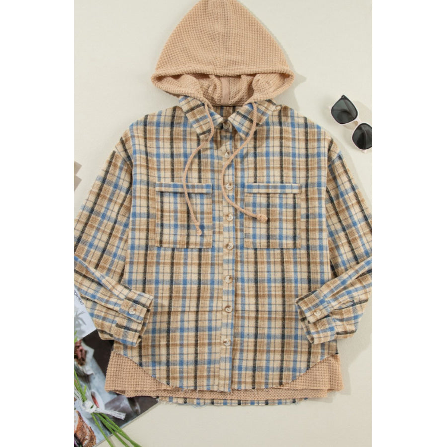 Drawstring Waffle Knit Patchwork Hooded Plaid Shacket Apparel and Accessories