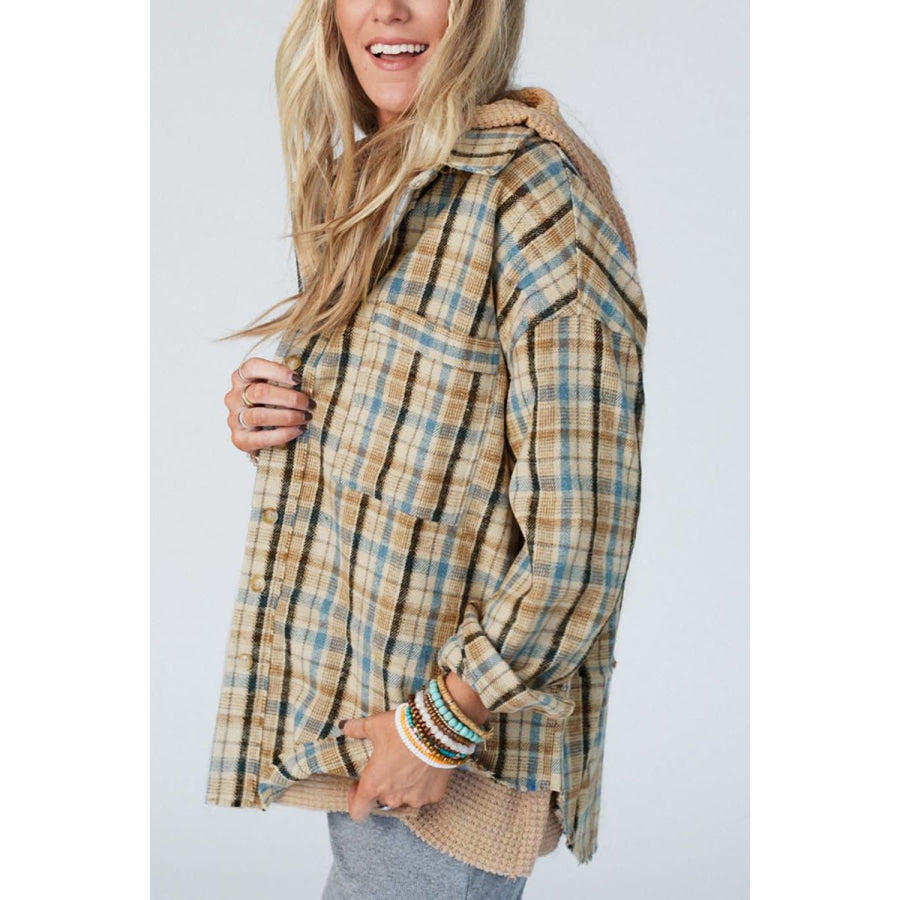 Drawstring Waffle Knit Patchwork Hooded Plaid Shacket Apparel and Accessories