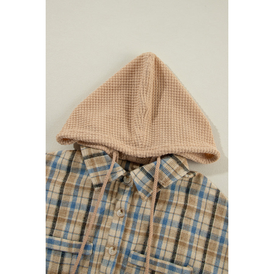 Drawstring Waffle Knit Patchwork Hooded Plaid Shacket Apparel and Accessories