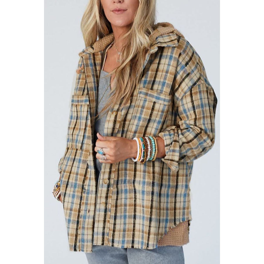 Drawstring Waffle Knit Patchwork Hooded Plaid Shacket Plaid / S Apparel and Accessories