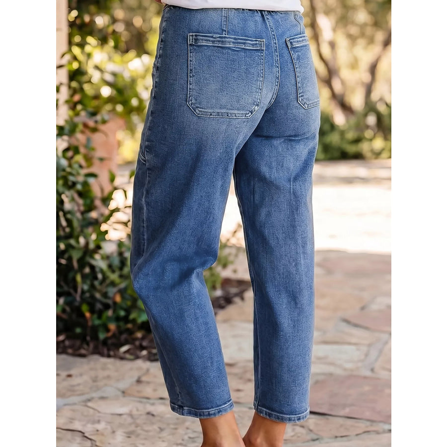 Drawstring Waist Ankle Length Casual Jeans Regular Fit Pocket Detail Apparel and Accessories