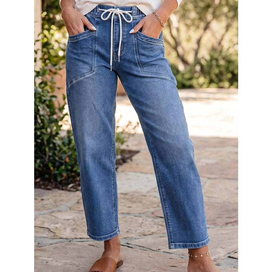 Drawstring Waist Ankle Length Casual Jeans Regular Fit Pocket Detail Dusty Blue / 4 Apparel and Accessories