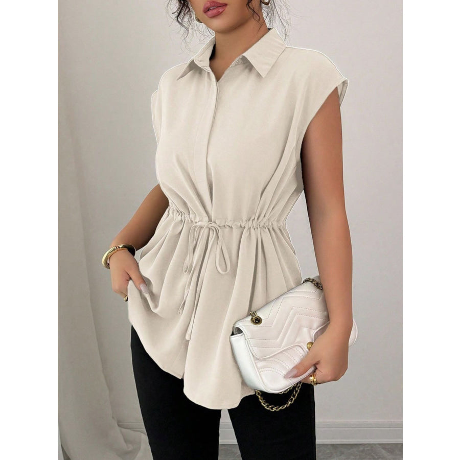 Drawstring Waist Cap Sleeve Shirt Apparel and Accessories