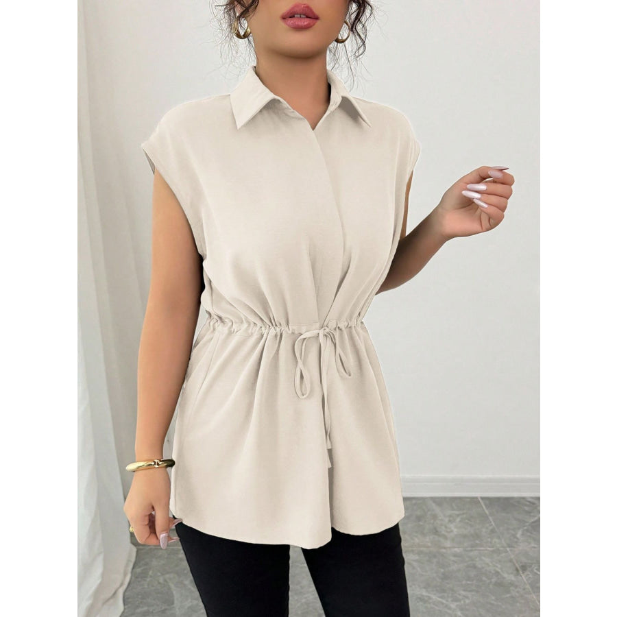 Drawstring Waist Cap Sleeve Shirt Apparel and Accessories