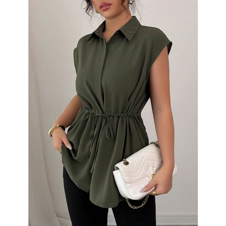 Drawstring Waist Cap Sleeve Shirt Apparel and Accessories