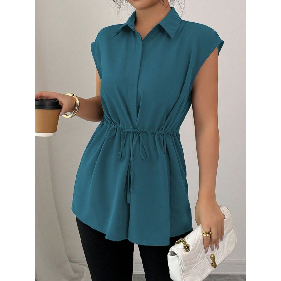 Drawstring Waist Cap Sleeve Shirt Apparel and Accessories