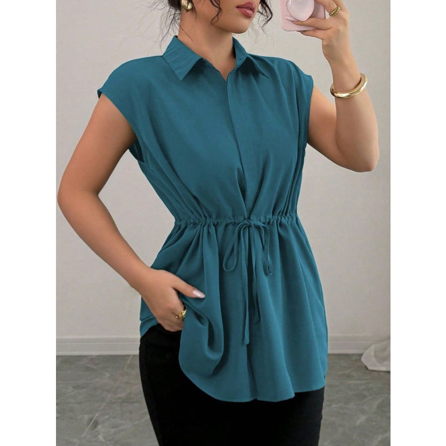 Drawstring Waist Cap Sleeve Shirt Apparel and Accessories