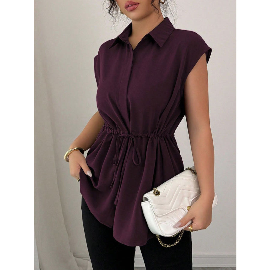 Drawstring Waist Cap Sleeve Shirt Apparel and Accessories