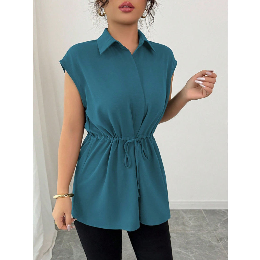 Drawstring Waist Cap Sleeve Shirt Apparel and Accessories