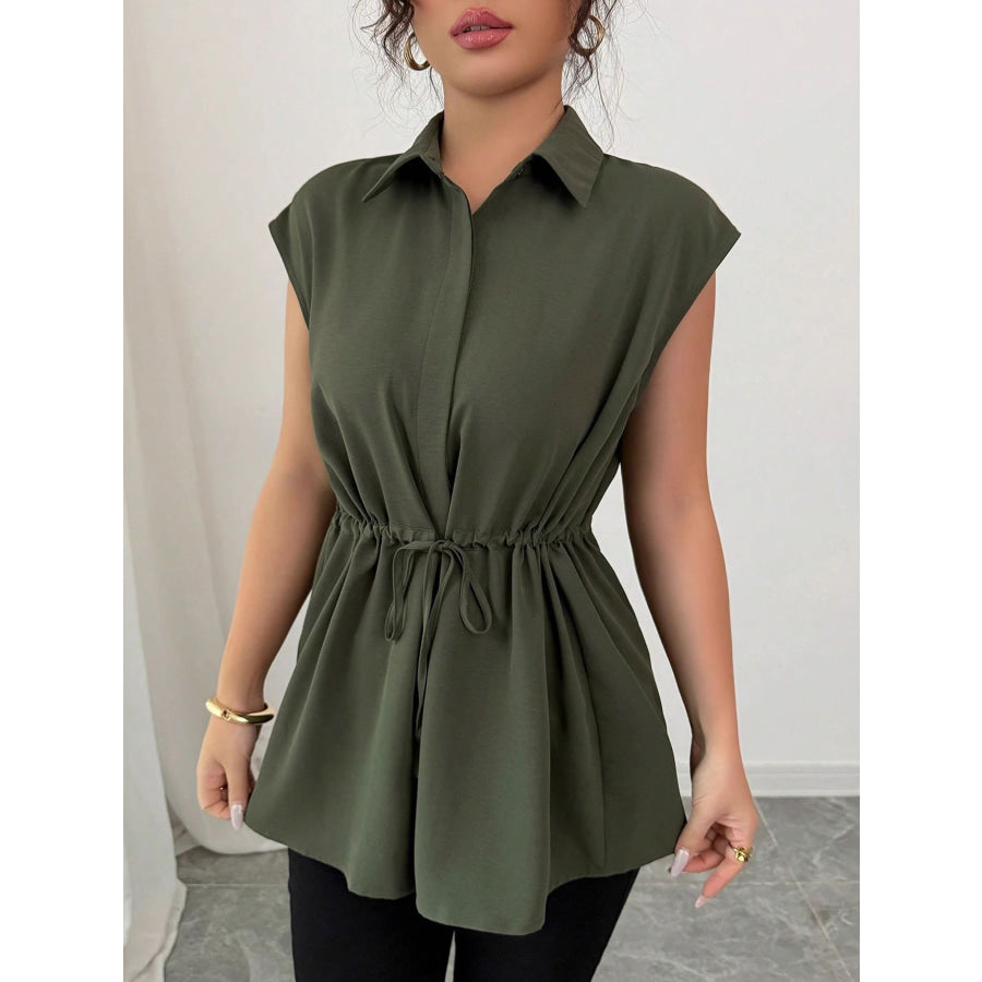 Drawstring Waist Cap Sleeve Shirt Apparel and Accessories