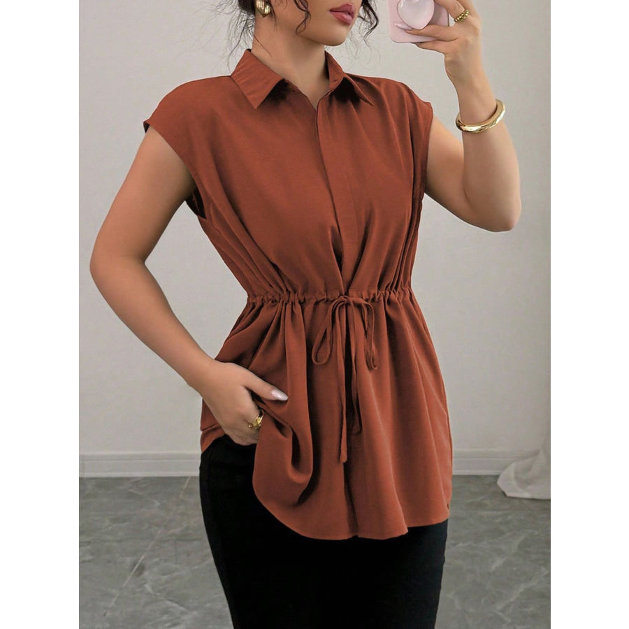 Drawstring Waist Cap Sleeve Shirt Apparel and Accessories