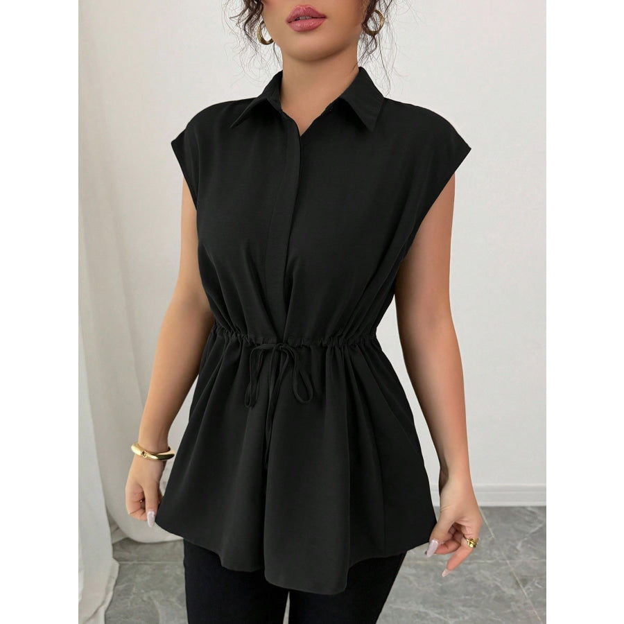 Drawstring Waist Cap Sleeve Shirt Black / S Apparel and Accessories