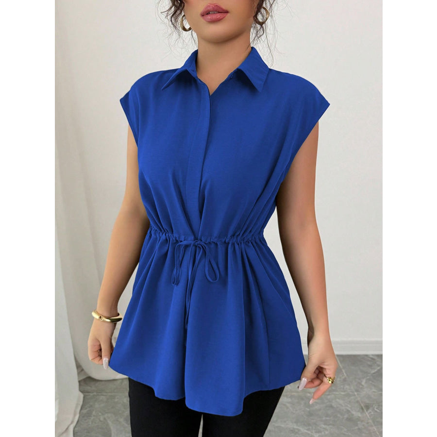 Drawstring Waist Cap Sleeve Shirt Blue / S Apparel and Accessories