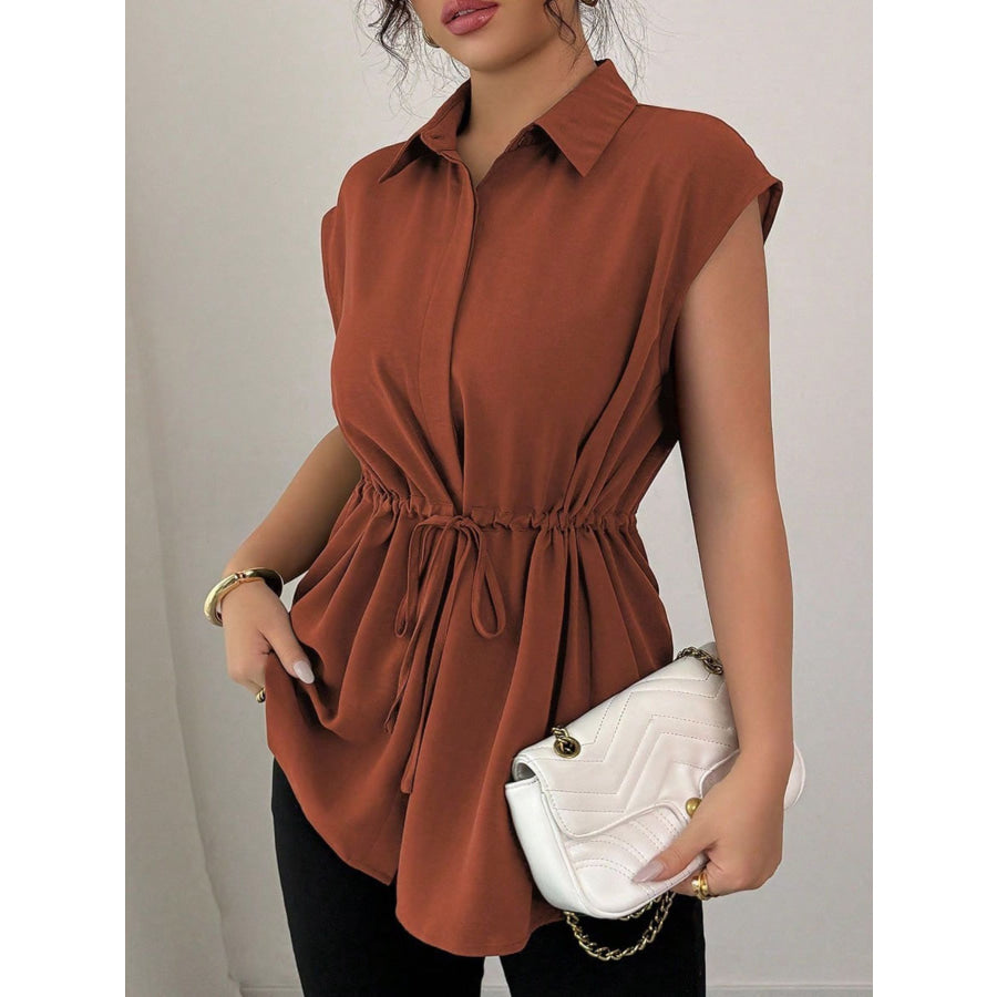 Drawstring Waist Cap Sleeve Shirt Brown / S Apparel and Accessories