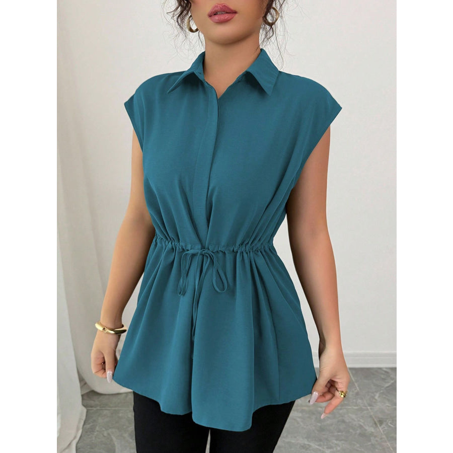Drawstring Waist Cap Sleeve Shirt Lake Blue / S Apparel and Accessories