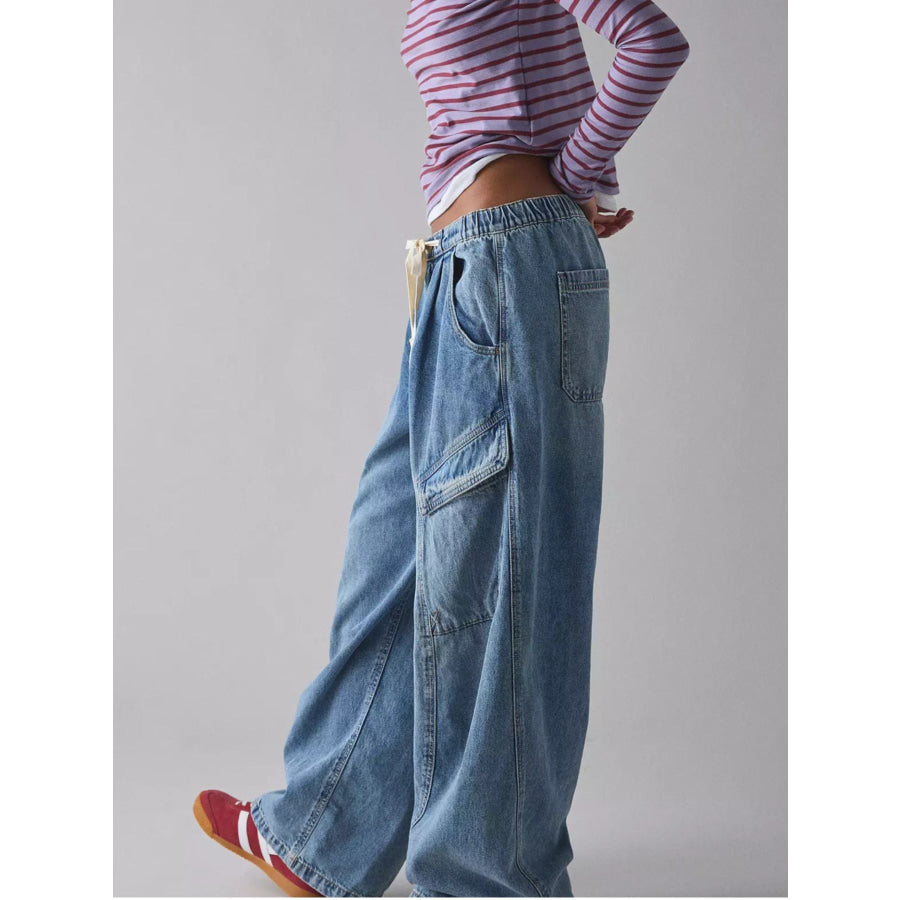Drawstring Waist Cargo Jeans Apparel and Accessories