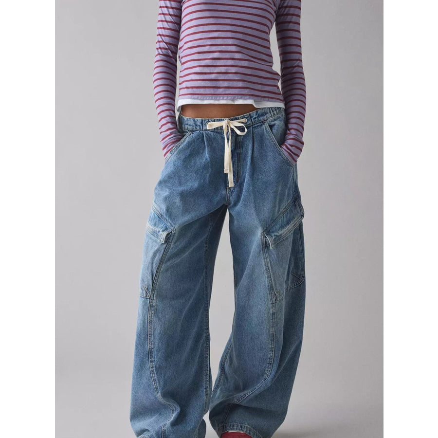 Drawstring Waist Cargo Jeans Apparel and Accessories
