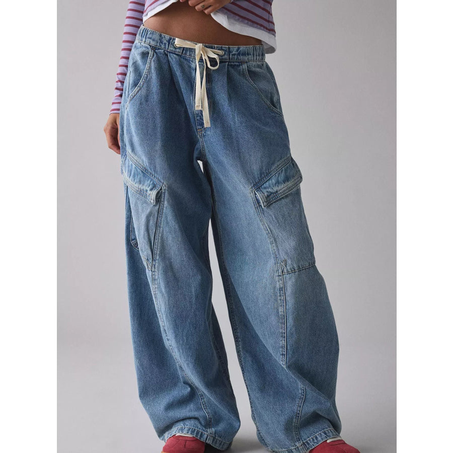 Drawstring Waist Cargo Jeans Dusty Blue / S Apparel and Accessories