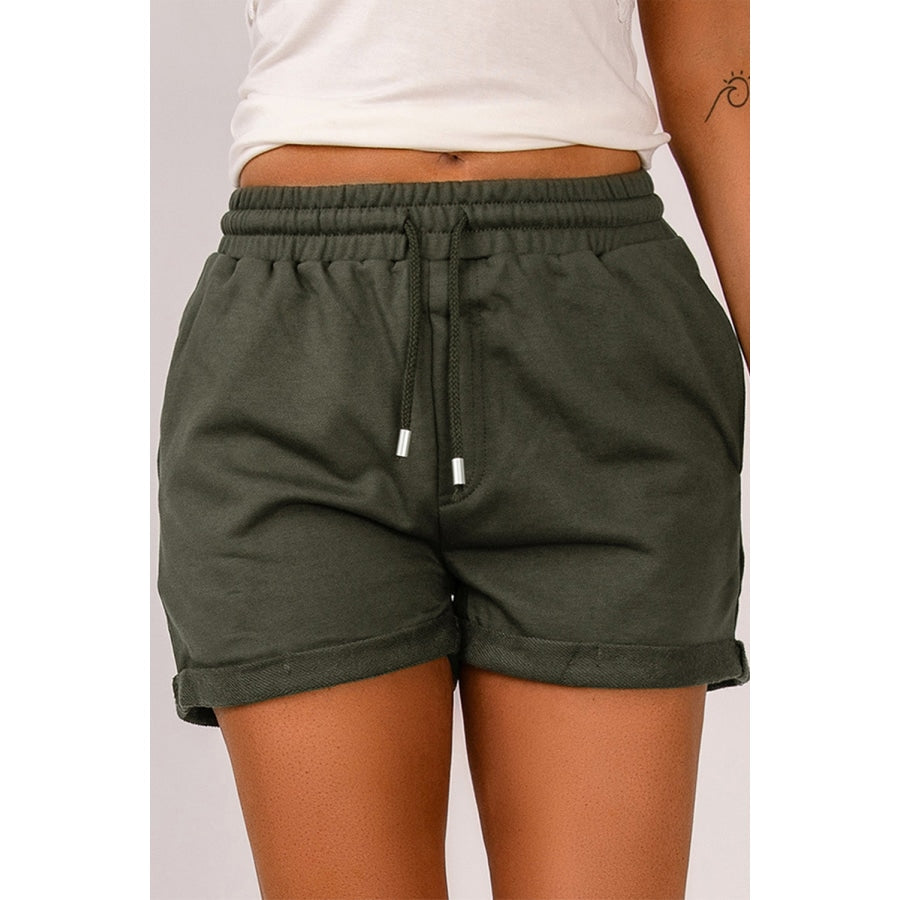 Drawstring Waist Cuffed Shorts Army Green / S