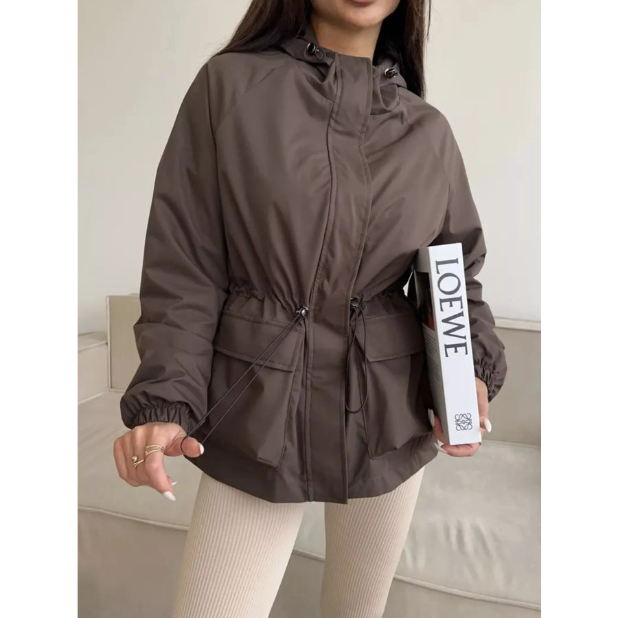 Drawstring Waist Hooded Windbreaker Outerwear Apparel and Accessories