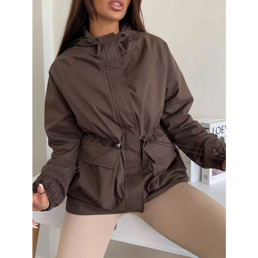 Drawstring Waist Hooded Windbreaker Outerwear Brown / S Apparel and Accessories