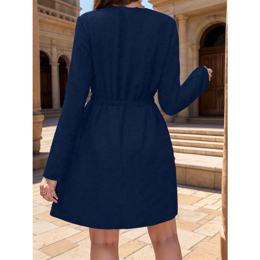 Drawstring Waist Notched Long Sleeve Dress Apparel and Accessories