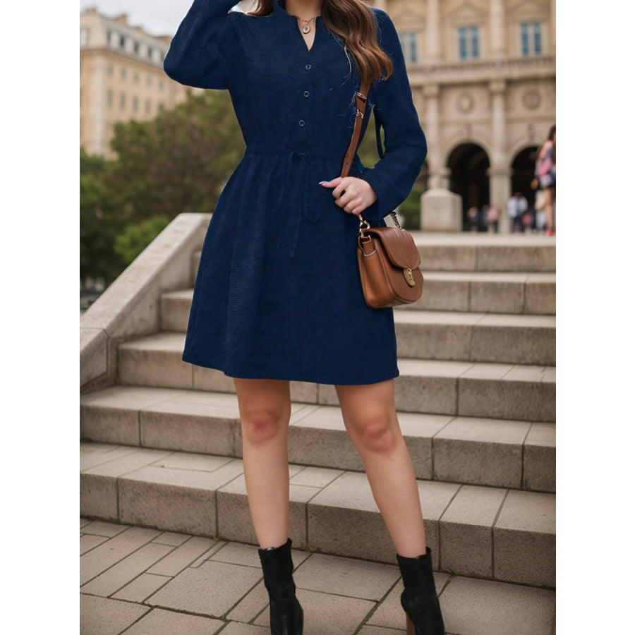 Drawstring Waist Notched Long Sleeve Dress Apparel and Accessories