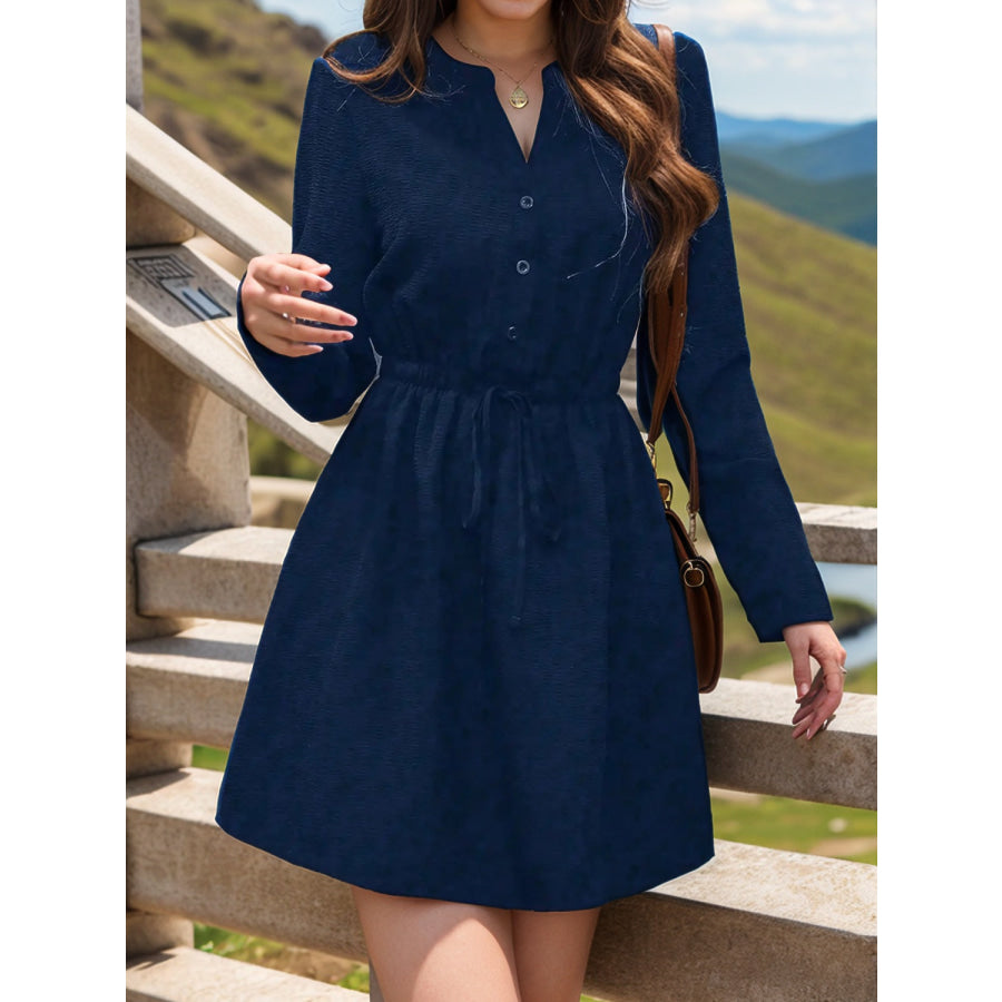 Drawstring Waist Notched Long Sleeve Dress Dark Blue / S Apparel and Accessories