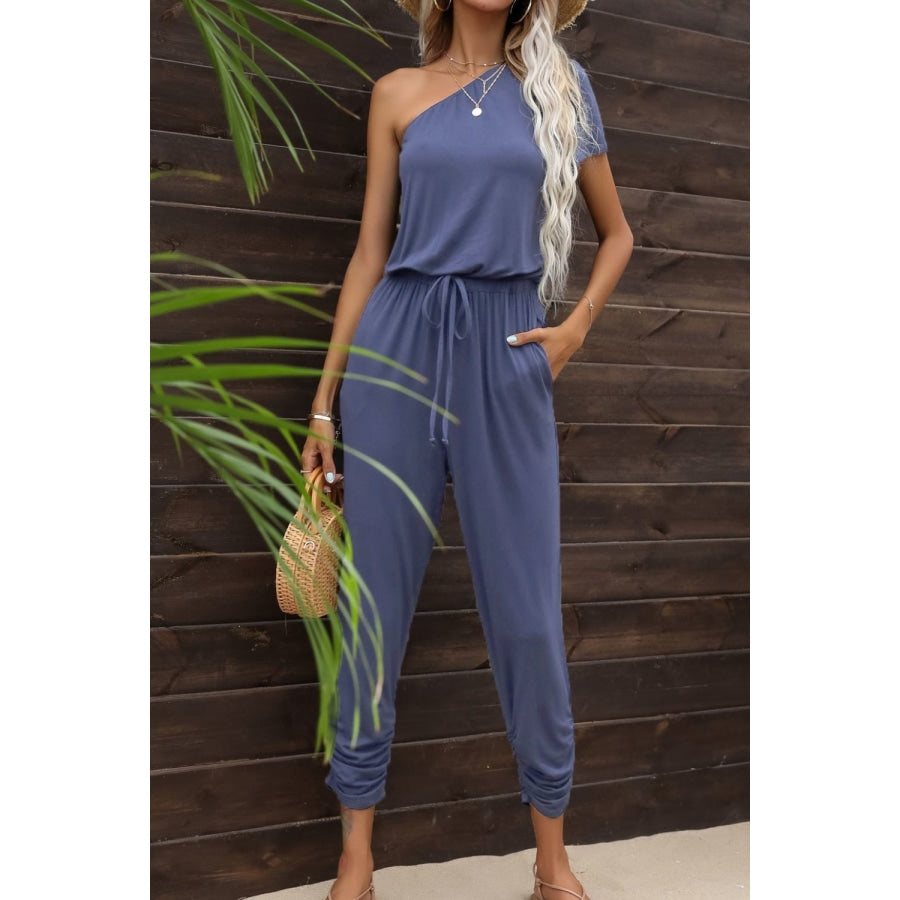 Drawstring Waist One-Shoulder Jumpsuit with Pockets Periwinkle / S