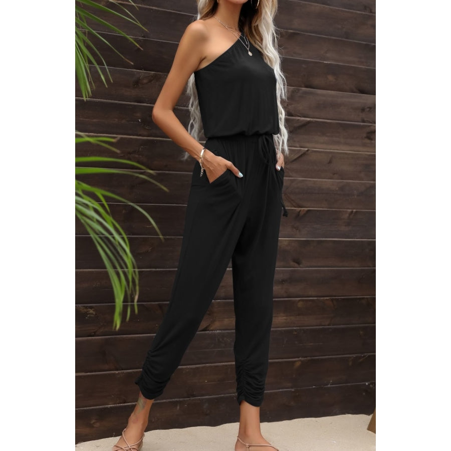 Drawstring Waist One-Shoulder Jumpsuit with Pockets