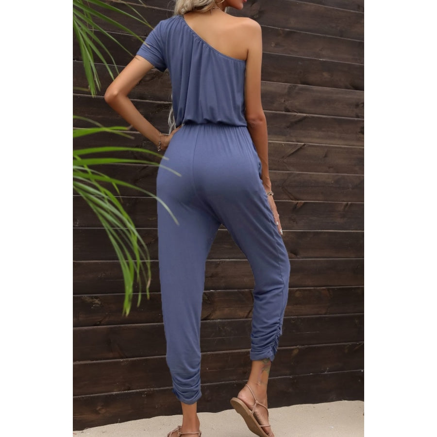 Drawstring Waist One-Shoulder Jumpsuit with Pockets