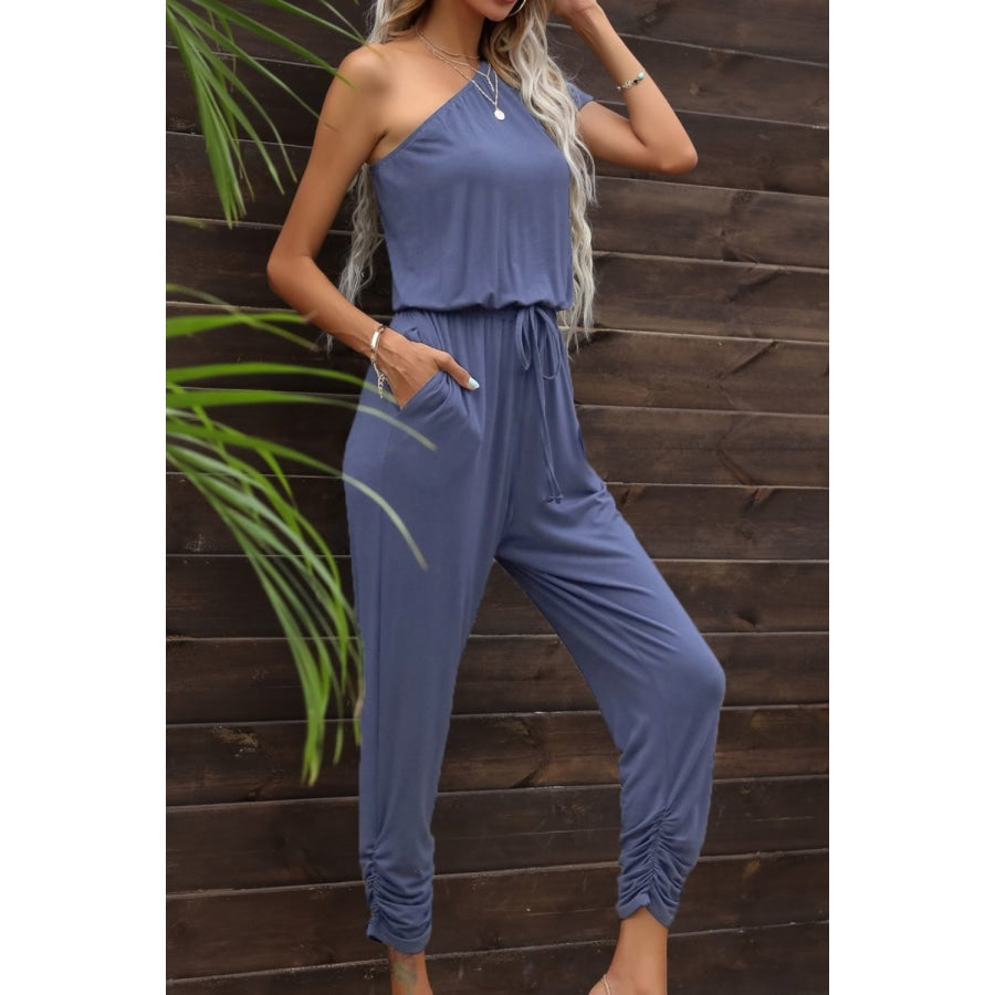 Drawstring Waist One-Shoulder Jumpsuit with Pockets